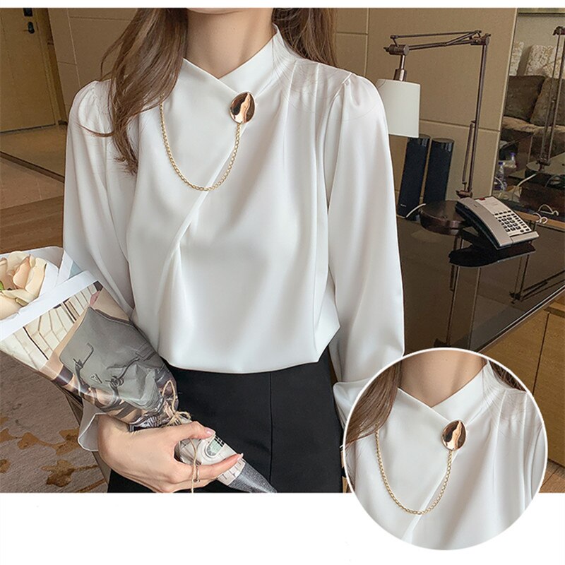 Women&#39;s Shirts Solid Satin Blouses for Women Chain Asymmetric Blouse Women Long Sleeve Top White O-neck Female 2022 Basic Shirt