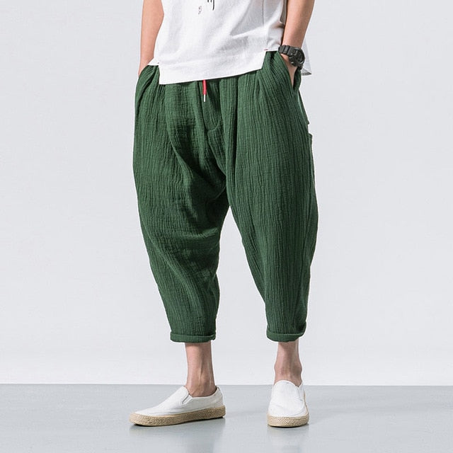 Best Black Linen Cropped Trousers Ethnic Style Harem Pants Mens Baggy Pants Summer Japanese Loose Joggers  www.chishtismart.com