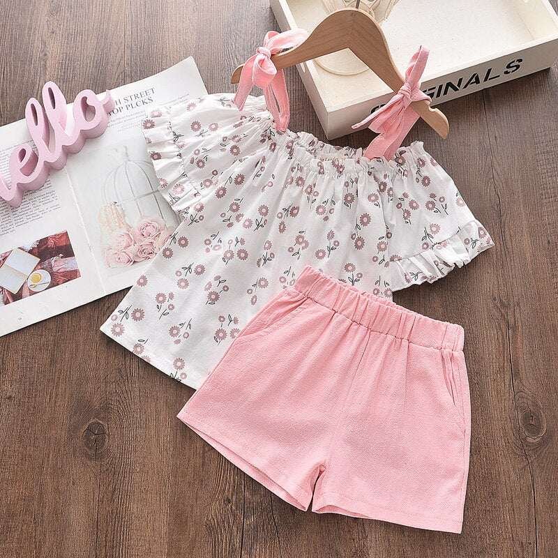 Menoea Girls Clothing Sets 2022 New Style Summer Children&#39;s Clothes Cute  Dots Lace + Bow Short Pants 2pc Suits Kids Outfits