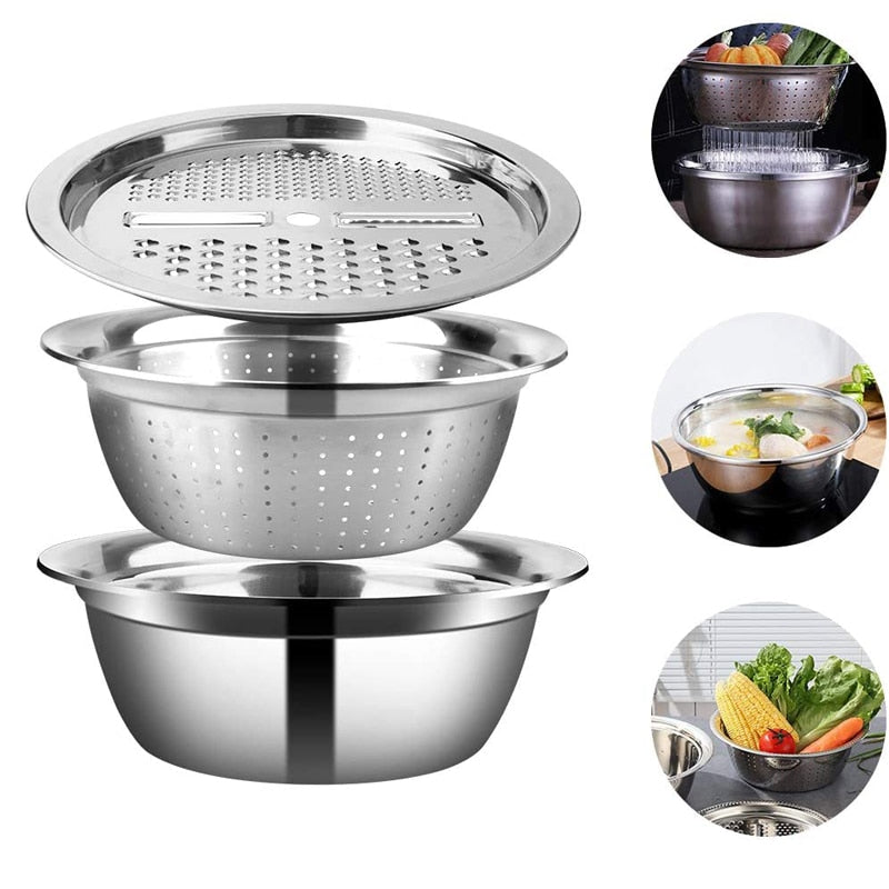 LMETJMA 3 in 1 Vegetable Slicer Cutter Drain Basket Stainless Steel Vegetable Julienne Grater Salad Maker Bowl KC0410