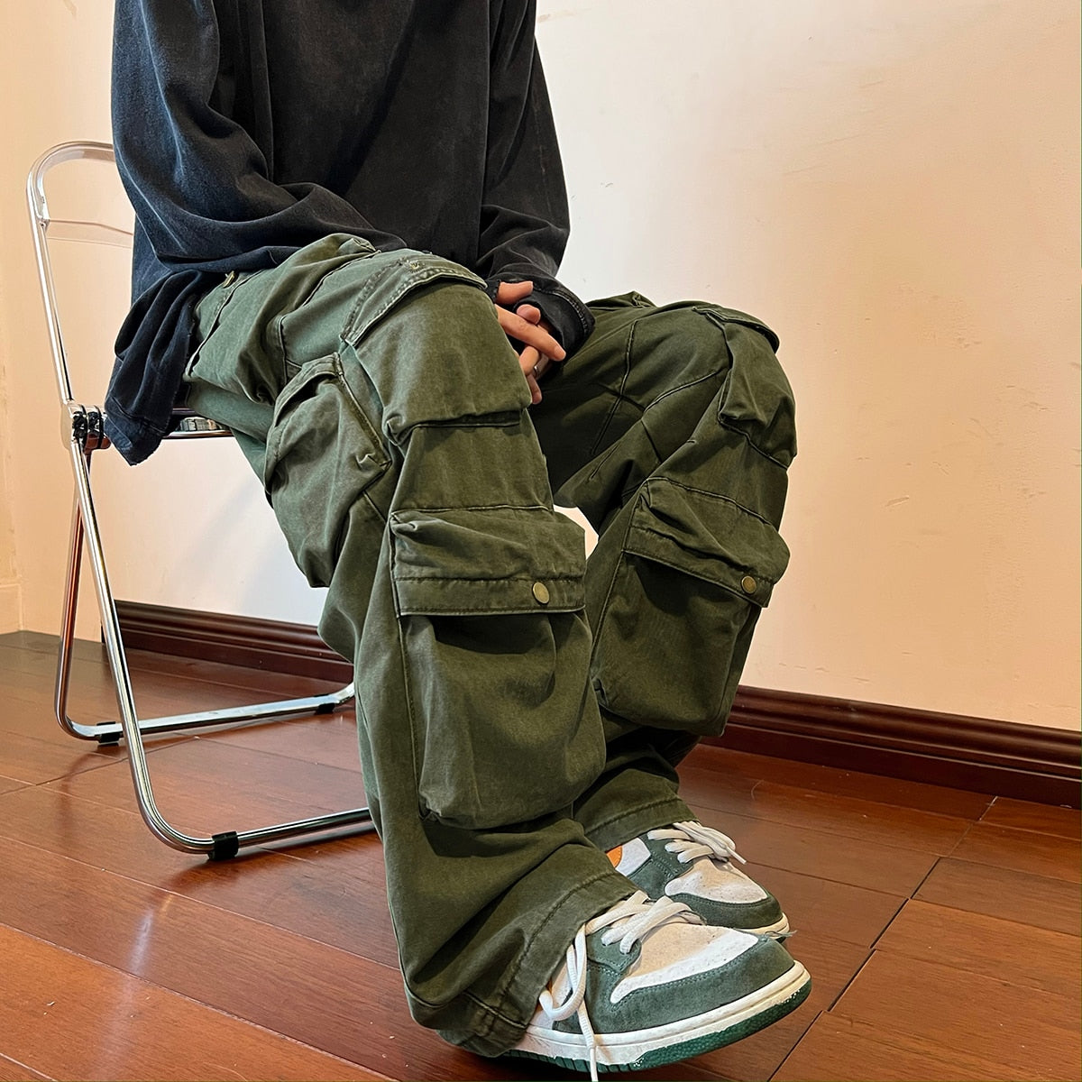 Cargo Pants Multi-pockets Tooling Pant Men, Vintage Loose Wide Leg Pants Streetwear, Casual Hip-hop Mopping Trousers