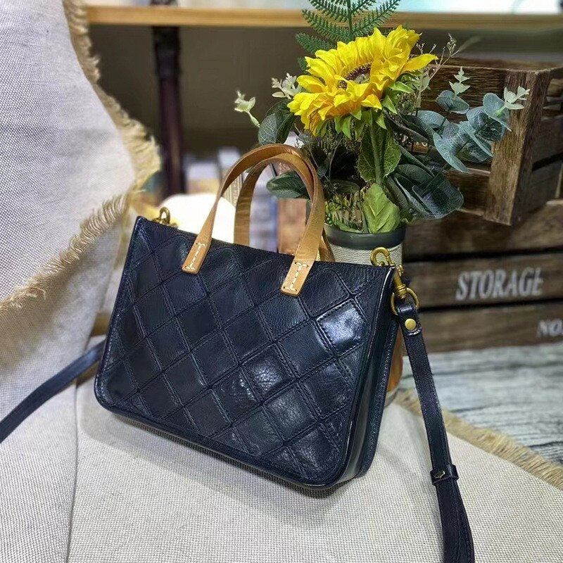 PNDME retro fashion luxury natural real leather ladies stitching tote bag outdoor leisure shopping work shoulder messenger bag