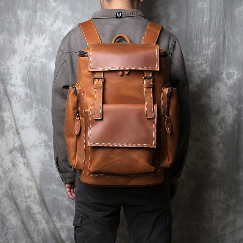NZPJ Retro Genuine Leather Men&#39;s Backpack First Layer Leather Travel Backpack Large Capacity Natural Cowhide  Laptop Bag