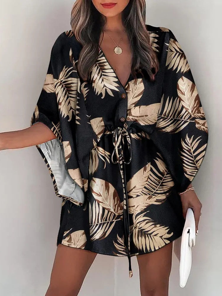 Casual Boho Beach Vacation Mini Dress Women Summer Print Lace Up Button Batwing Sleeve Dresses For Women&#39;s Loose  Female Robe