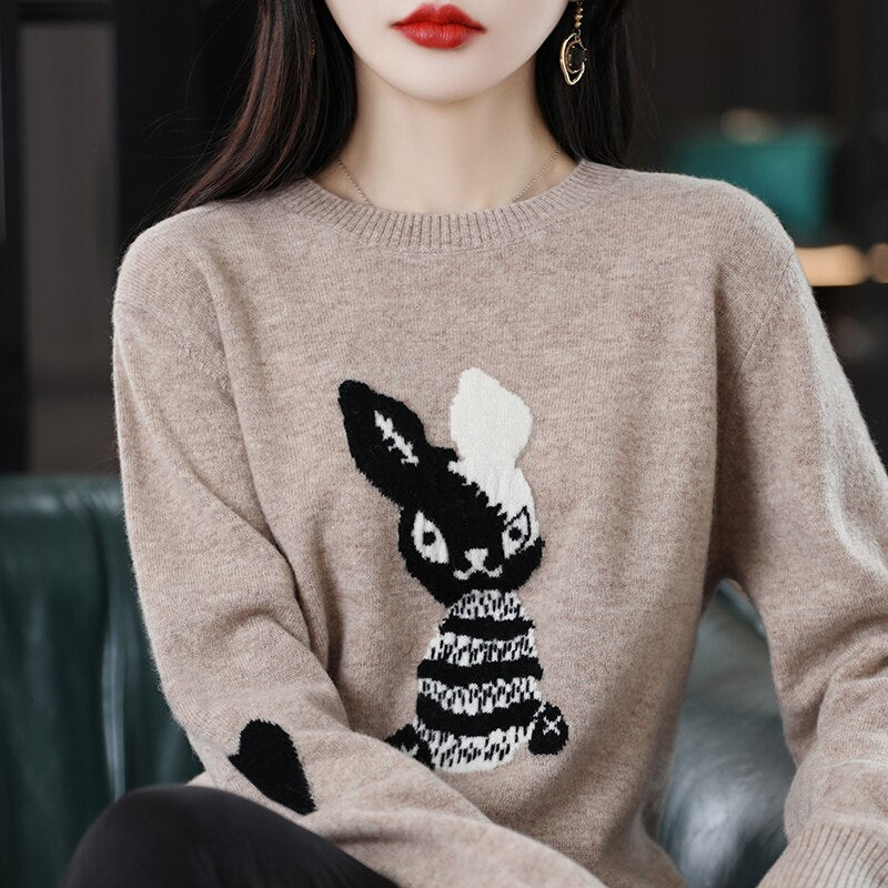 2023 Rabbit New Year Sweater Comfortable And Warm 100% Merino Wool Pullover Korean Fashion Large Women&#39;s Top Free Of Freight