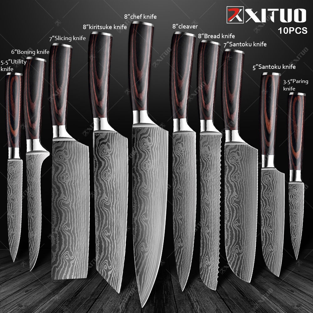 XITUO Kitchen Knives set 1-10PCS Chef knife High Carbon Stainless Steel Santoku knife Sharp Cleaver Slicing Knife Best Choice