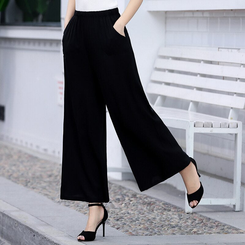 2023 Summer Wide Leg Pants Women Casual Elastic Waist Wide Leg Trousers with Print Ankle-Lengtht High Waist Pants Summer Bottoms