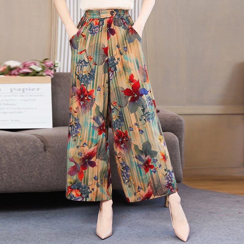 Summer Wide Leg Pants Women Loose High Waist Beach Ankle-Length Trousers Summer Casual Retro Print Plaid Pants