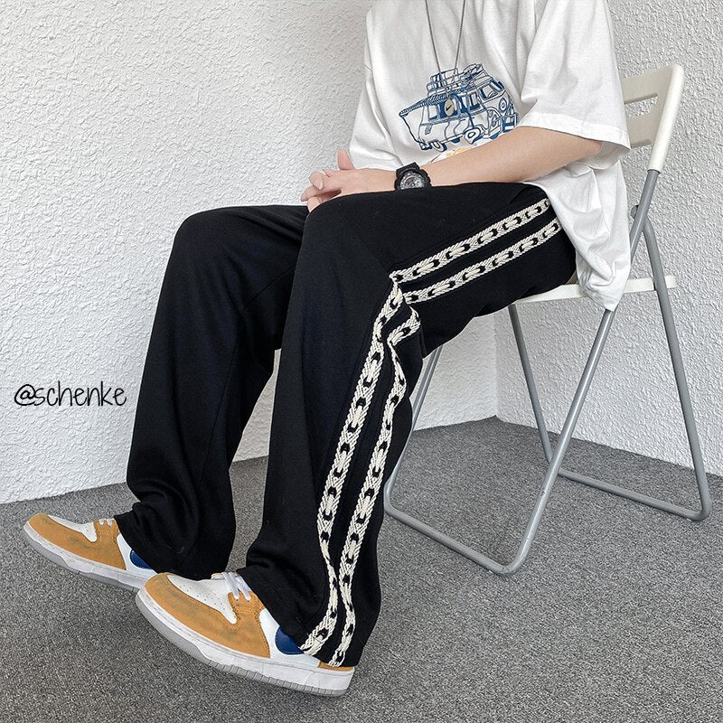 Korean style fashion men&#39;s lace-up knitted sweatpants loose straight wide leg pants boy jogging trousers casual pants black grey