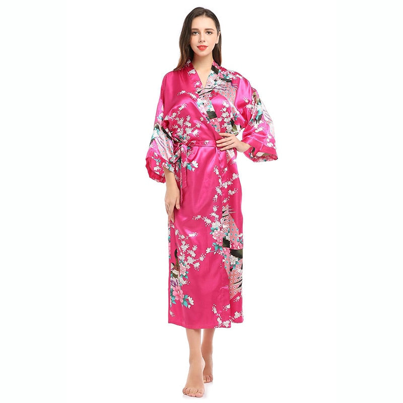 Womens Silk Satin Kimono Robes Long Sleepwear Dressing Gown Floral Peacock Printed Pattern Party Wedding Bridesmaid Bathrobe