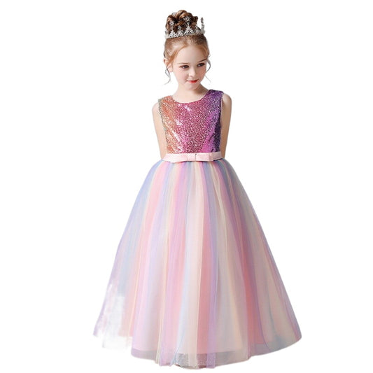 2022 New Summer Party Dress Girl Sleeveless Pink Patchwork Sequined Rainbow Dresses Piano Host Birthday Wedding Flower E1802