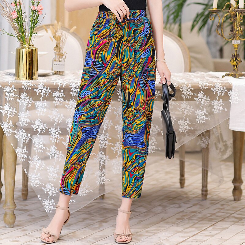 Summer Beach Harem Pants Women Bottoms Casual Bloomers Printed Loose High Waist Trousers Women Elastic Waist Wide Leg Pants