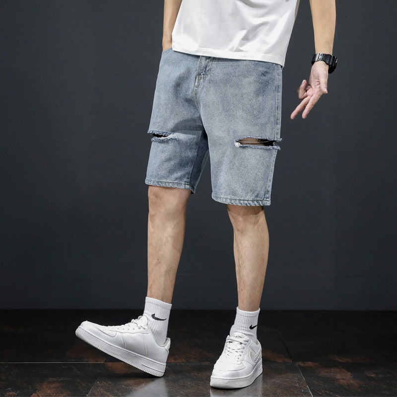 Fashionable Holed Men&#39;s Denim Shorts Street Hip-hop Knife Cut Straight Leg Five-piece Pants Versatile Light Color Pants