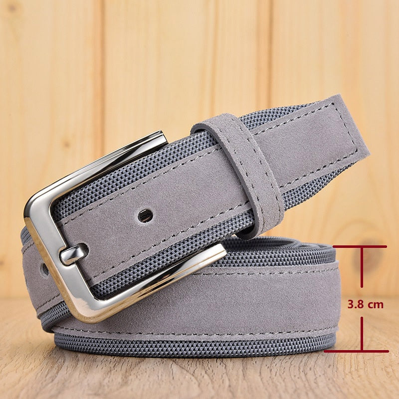 Men Suede Leather Belt With Oxford Fabric Strap Genuine Leather Luxury Pin Buckle Blue Belts For Men 3.5 cm and 4.0 cm Width