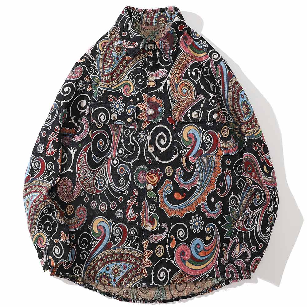 Ethnic style floral shirt men and women retro Korean high street hip-hop long-sleeved shirt jacket autumn