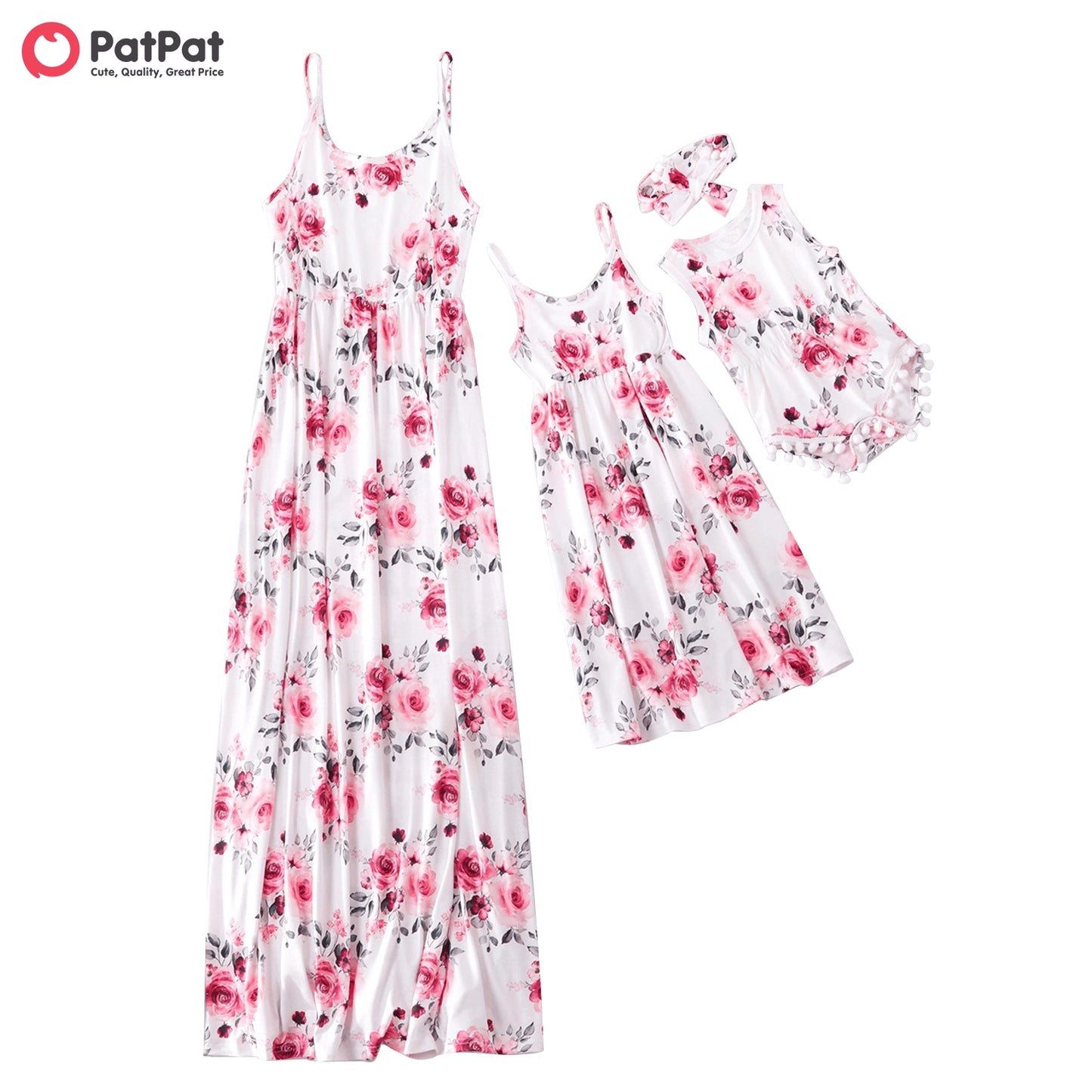 PatPat Floral Print Matching White Sling Maxi Dresses