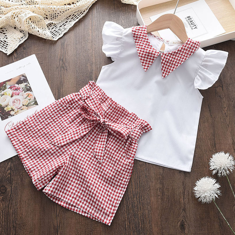 Menoea Toddler Girls Clothes Sets 2022 New Summer Patchwork T-shirts + Plaid Bow Shorts Casual Outfits Baby Kids Clothing Suits