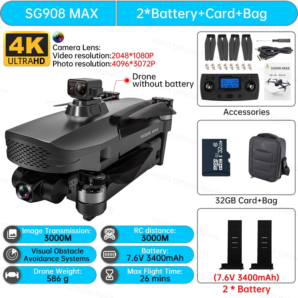 HGIYI SG908 Max Drone 4K Profesional 3-Axis Gimbal Obstacle Avoidance HD Camera Dron GPS RC Helicopter Quadcopter VS SG907 Max