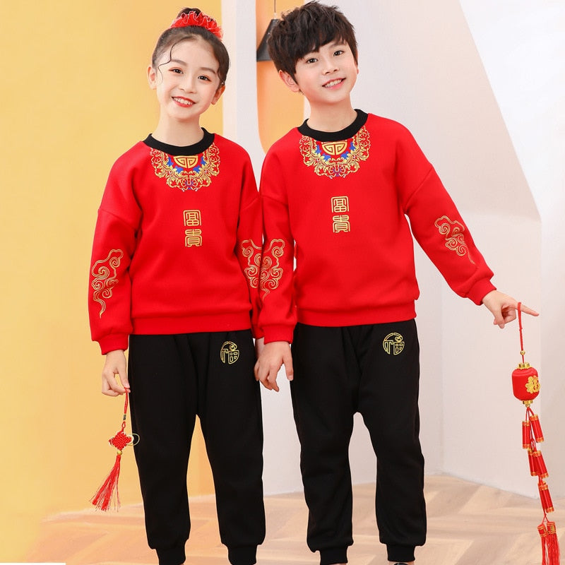 2022 Autumn Winter 2 3 4-14 Years Brother Sisiter Family Outfit Thicken Boy Girl Chinese New Year Red Sweatshirt +Pant 2 Pcs Set