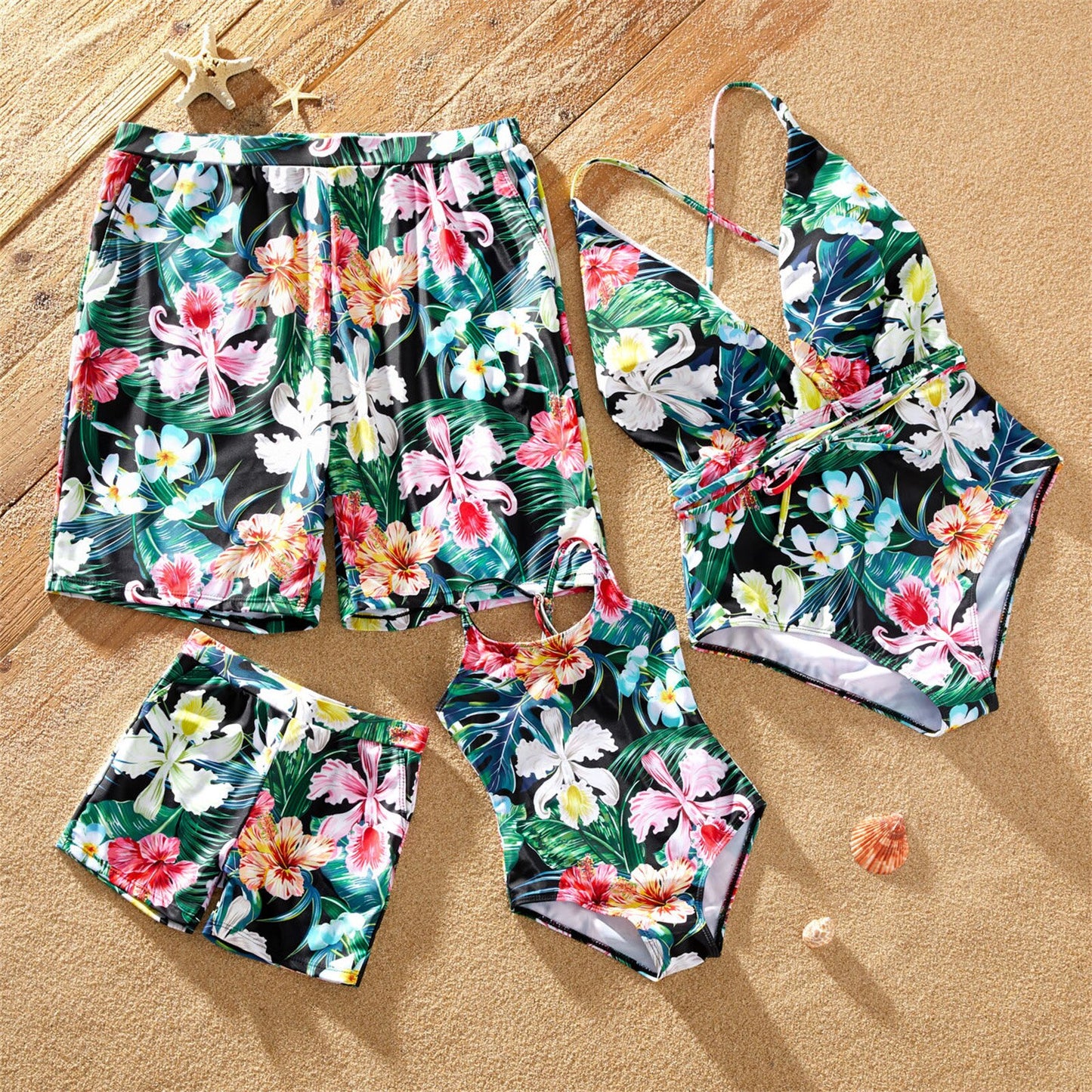 PatPat Family Matching Allover Floral Print Swim Trunks Shorts and Spaghetti Strap One-Piece Swimsuit