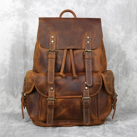 Retro Leather Men&#39;s Backpack Top Layer Cowhide Travel Backpack Large Capacity School Bag Crazy Horse Leather Laptop Bag NZPJ