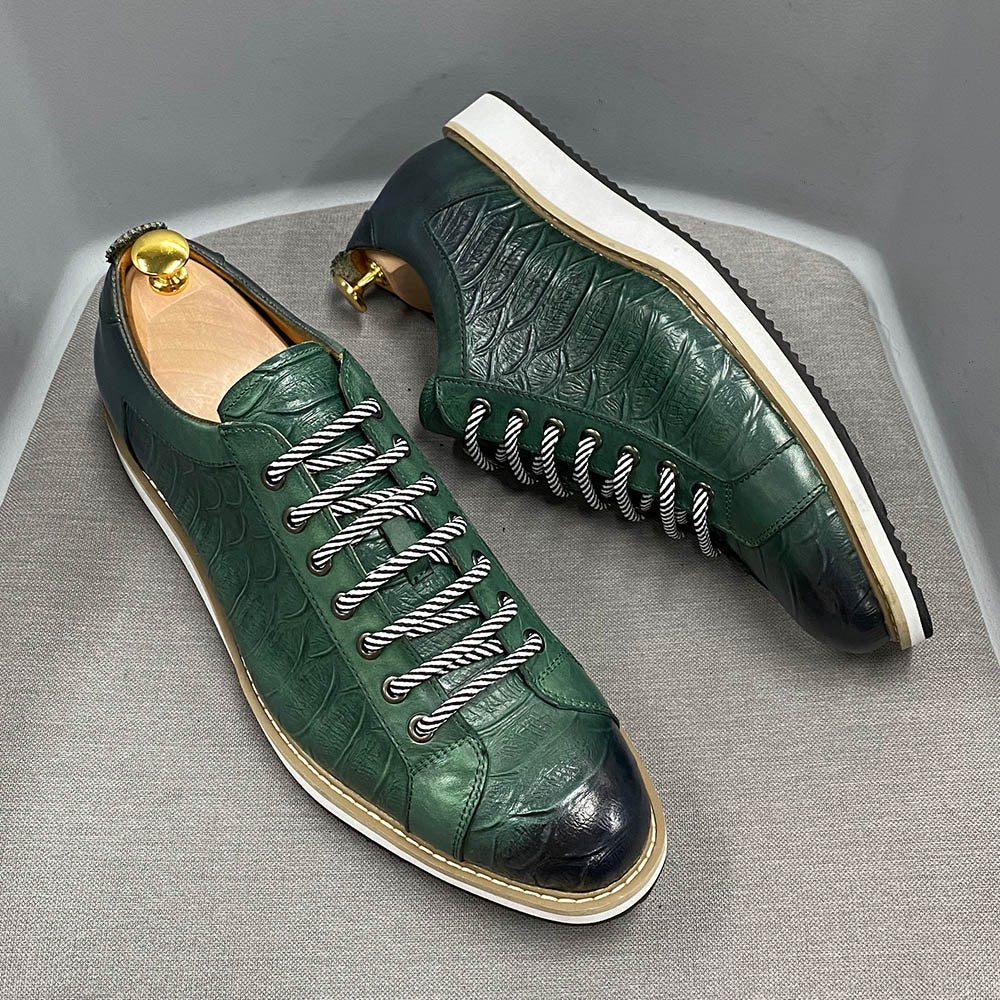 European Style Men&#39;s Casual Shoes Real Cow Leather Green Black Fashion Designer Luxury Crocodile Print Street Flat Shoes for Men