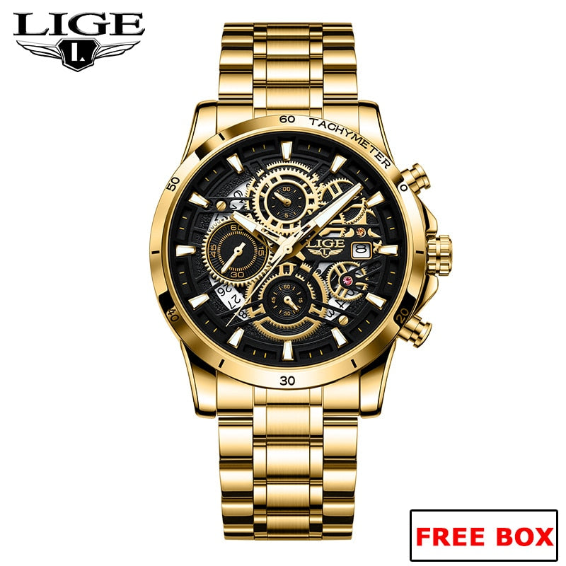 LIGE New Fashion Mens Watches Gold Stainless Steel Top Brand Luxury Sports Waterproof Watches Quartz Watch Men Relogio Masculino