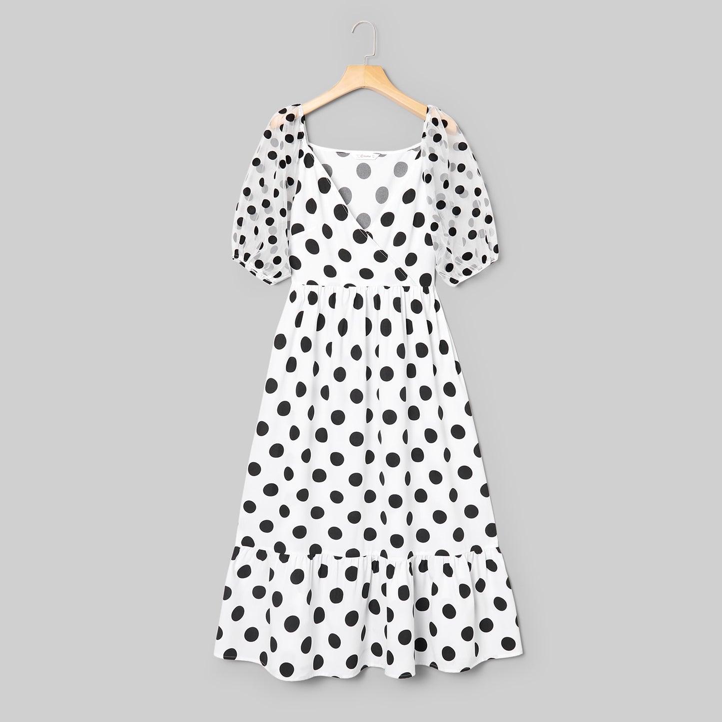 PatPat Black &amp; white Polka Dot Cross Slant V-neck Mesh Puff Sleeves Ruffle Skirt Matching Midi Dresses for Mother and Daughter