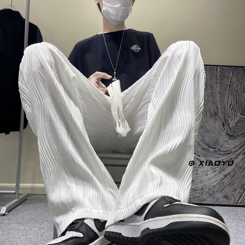 Men&#39;s Fashion Straight Pleated Pants Elastic Waist Casual Pants Men&#39;s Street Loose Ice Silk Wide Leg Pants White Black M-5XL