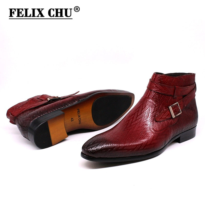 Handmade Men Ankle Boots Felix Chu Genuine Leather Mens Motorcycle Boots Black Red Buckle Strap High Top Dress Shoes for Men