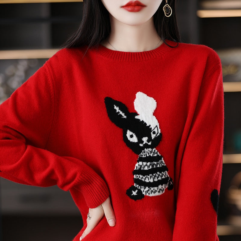 2023 Rabbit New Year Sweater Comfortable And Warm 100% Merino Wool Pullover Korean Fashion Large Women&#39;s Top Free Of Freight