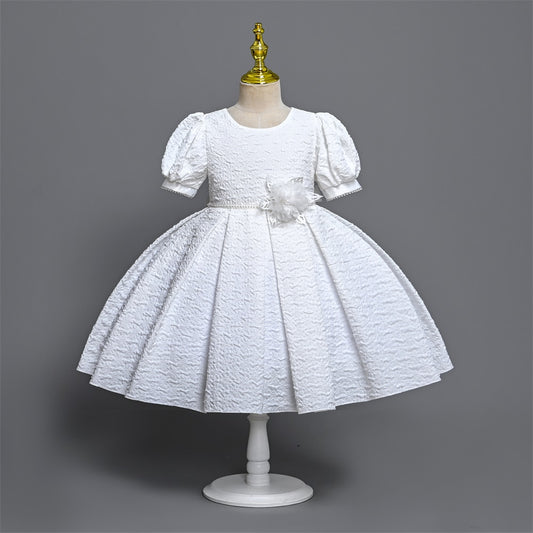 Yoliyolei Pure White Dress for girls Puff Sleeves Ball Gown Elegant Fabric o-neck children clothes girl with Pearls Decoration
