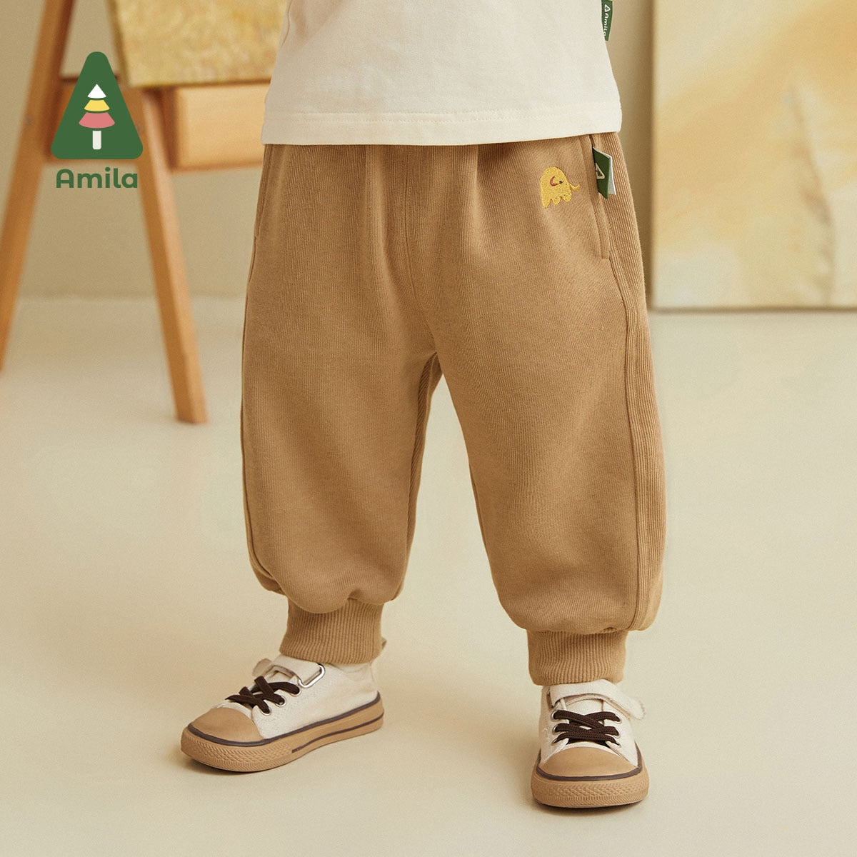 Amila Baby Pants 2022 Autumn New Solid Color Cotton Boys and Girls Trousers Cute Cartoon Casual Children Clothes Fashion