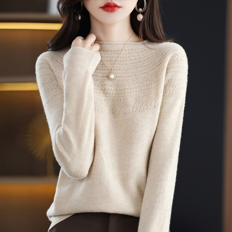 100 Wool Classic Round Neck Cutout Sweater Fashion Cutout Loose Long Sleeve Undercoat New Design Taste Popular Sweater Girl