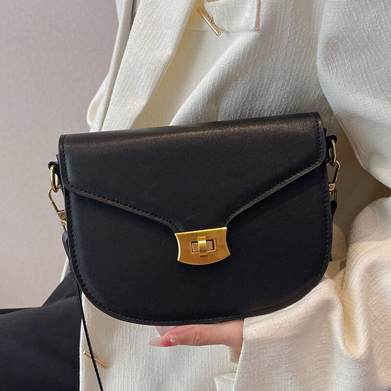 Simple Casual Small Flap Women&#39;s Top Handle Bag Quality Solid Color Pu Leather Shoulder Bag Elegant Metal Lock All Match Handbag