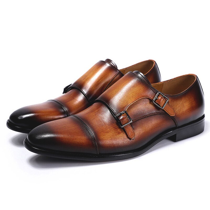 Luxury Men&#39;s Genuine Leather Formal Shoes Classic Double Buckle Monk Strap Cap Toe Business Office Dress Shoes Male Wedding Shoe