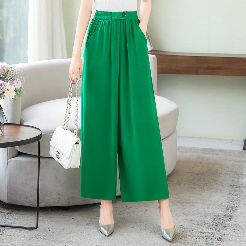 Summer Wide Leg Pants Women Loose High Waist Beach Ankle-Length Trousers Summer Casual Retro Print Plaid Pants