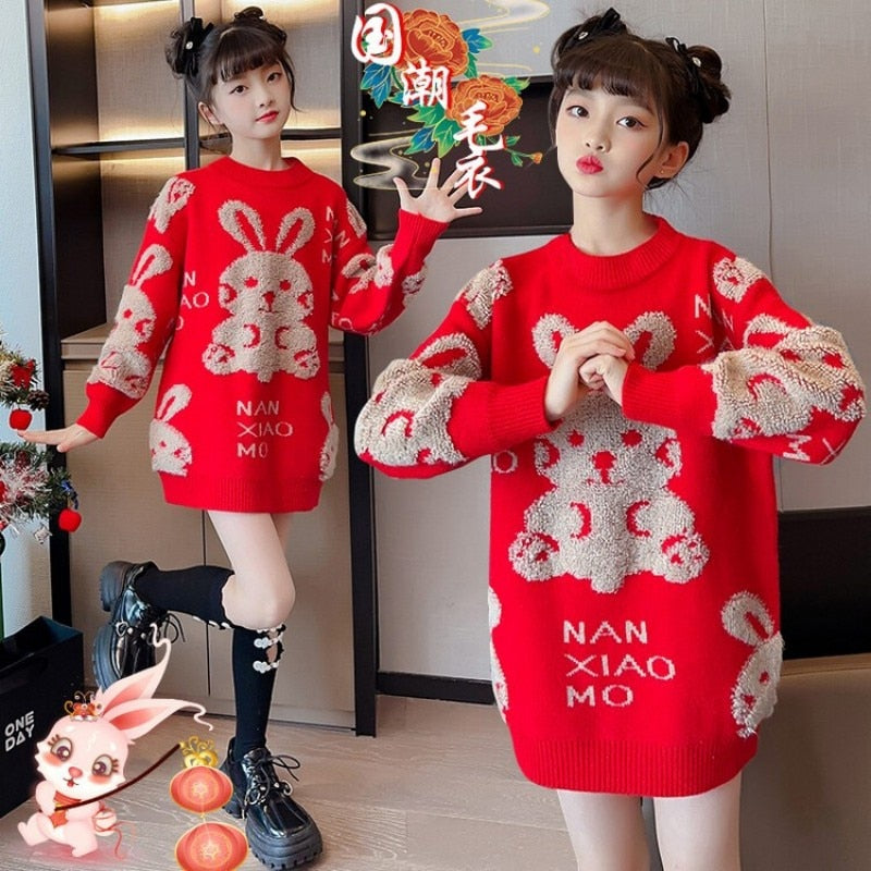 2023 Christmas New Year 110-170cm Family Matching Clothes Outfits Teenages Girls Knitted Rabbit Red Sweater For Mother Daughter