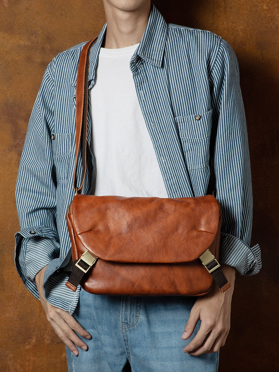 Soft Leather Men&#39;s Bag Messenger Bag Men&#39;s Ins Fashionable Shoulder Crossbody Bag Retro Casual Vegetable Tanning Leather Bags