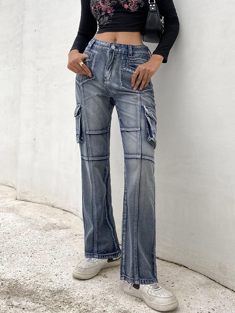 Vintage Jeans woman Low Waisted Pockets Trousers Baggy Casual  women Denim Cargo Pants Women Straight Hot Korean Jeans 90s