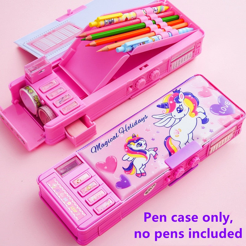 Mechanical deformation combination lock stationery box girl cute pencil case school student pencil box Cartoon plastic pen case