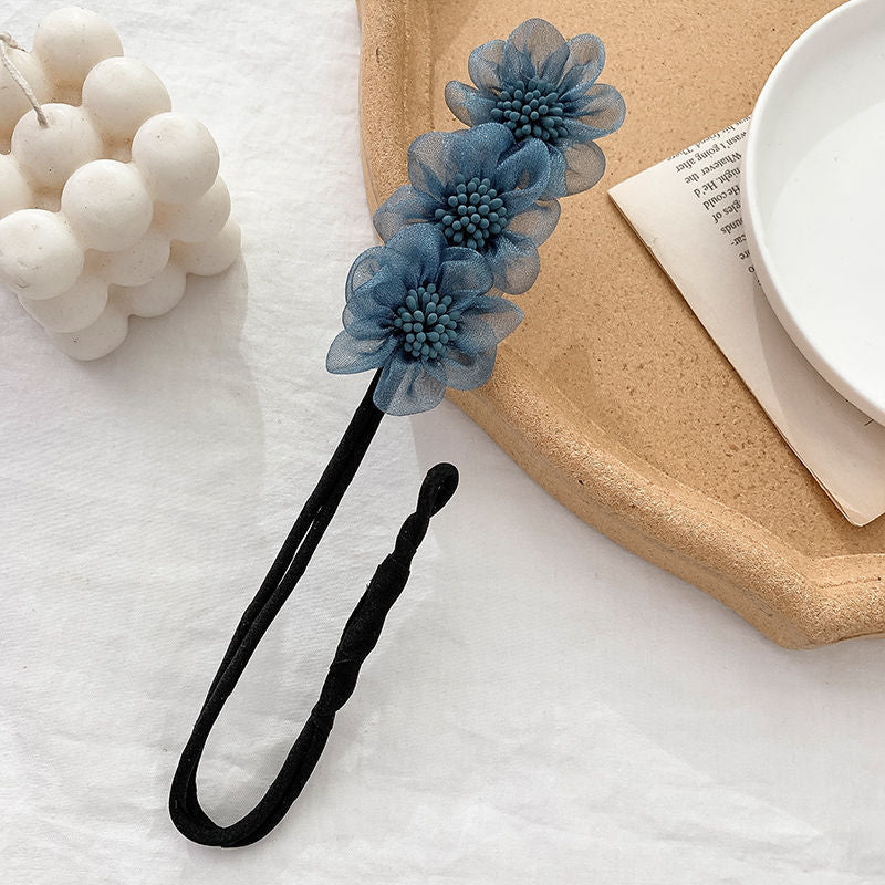 Women Elegant Bud Chiffon Flower Bun Maker Maruko Hairstyle Making Long Tool Sweet Hair Braide Rope Hairbands Korean Accessories