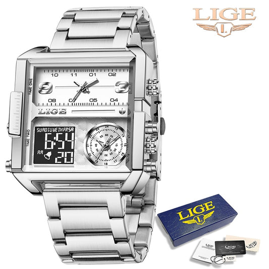 LIGE New Top Brand Luxury Fashion Men Watches Gold Steel Sport Square Digital Analog Big Quartz Watch for Man relogio masculino