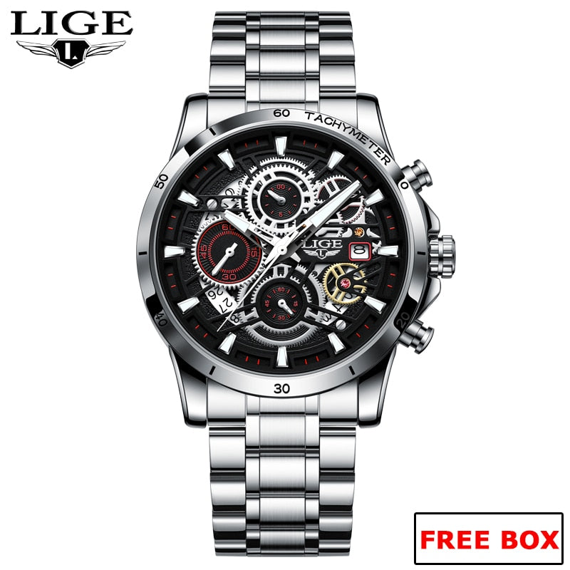 LIGE New Fashion Mens Watches Gold Stainless Steel Top Brand Luxury Sports Waterproof Watches Quartz Watch Men Relogio Masculino