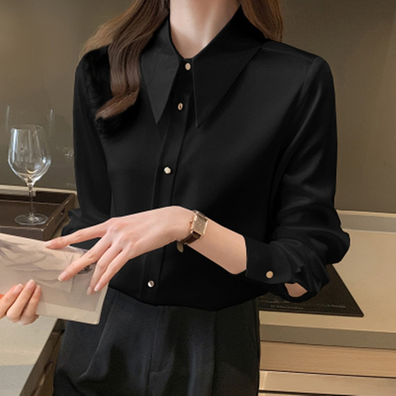 Korean Silk Women Shirts Satin Blouses Women Long Sleeve Shirts Tops Woman Silk Shirt Tops Woman Peter Pan Collar Satin Blouses