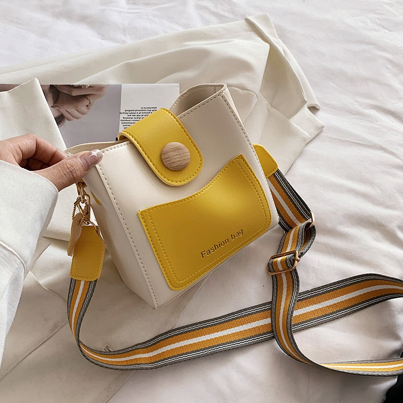 Small Women Bucket Shoulder Bags Contrast Color Leather Ladies Messenger Bag Broadband Crossbody Bags Casual Designer Handbags