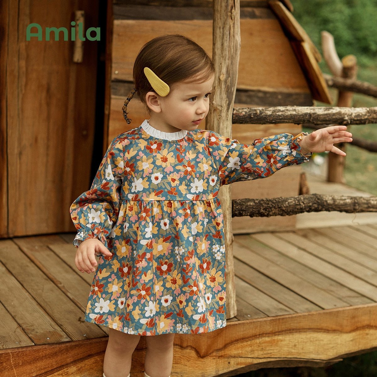 Amila Baby Girl Dress 2022 Autumn New 100% Cotton Long Sleeves A-Line Skirt for Girls Flower Sweet Children Clothes Fashion