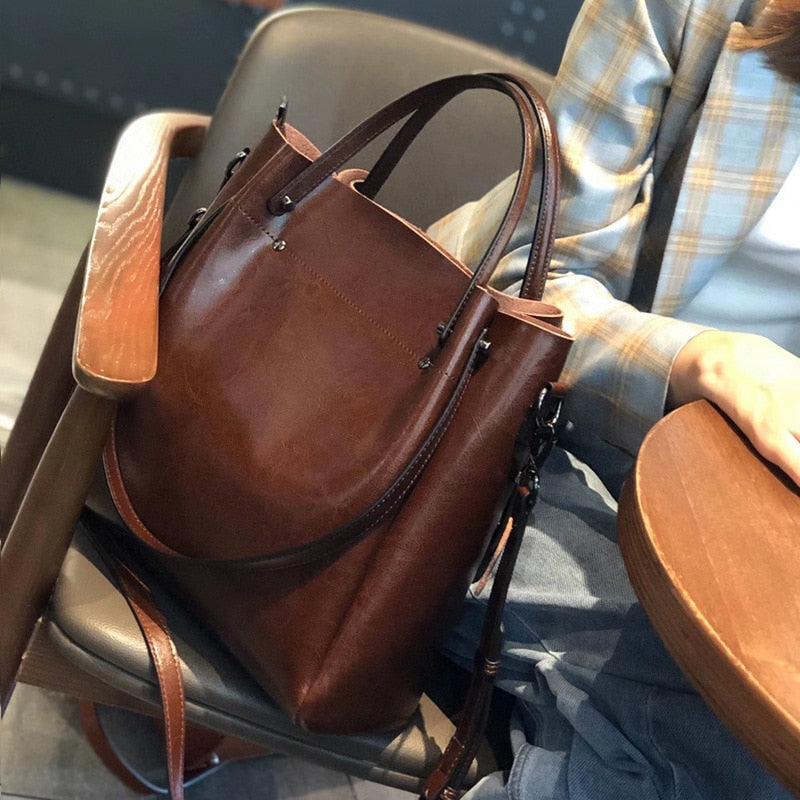 One-shoulder Large Casual Tote Fashion Messenger Cowhide Leather Women&#39;s Bag Large-capacity Ladies Handbag Bucket High Quality