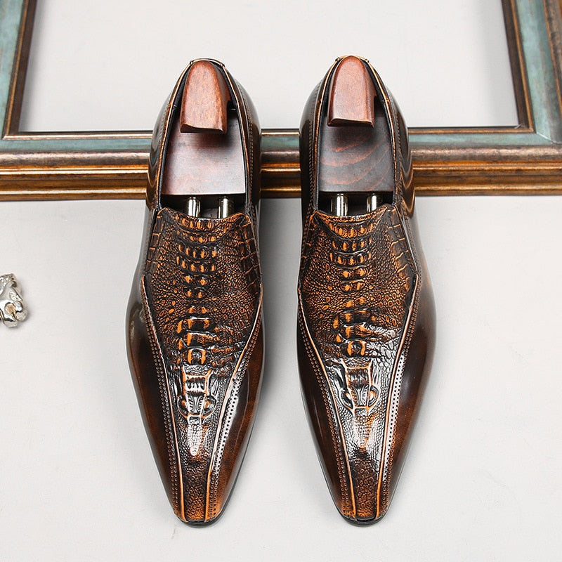 2022 Real Patent Leather Men&#39;s Dress Shoes Fashion Crocodile Pattern Slip on Brown Black Luxury Handmade Genuine Leather Shoes