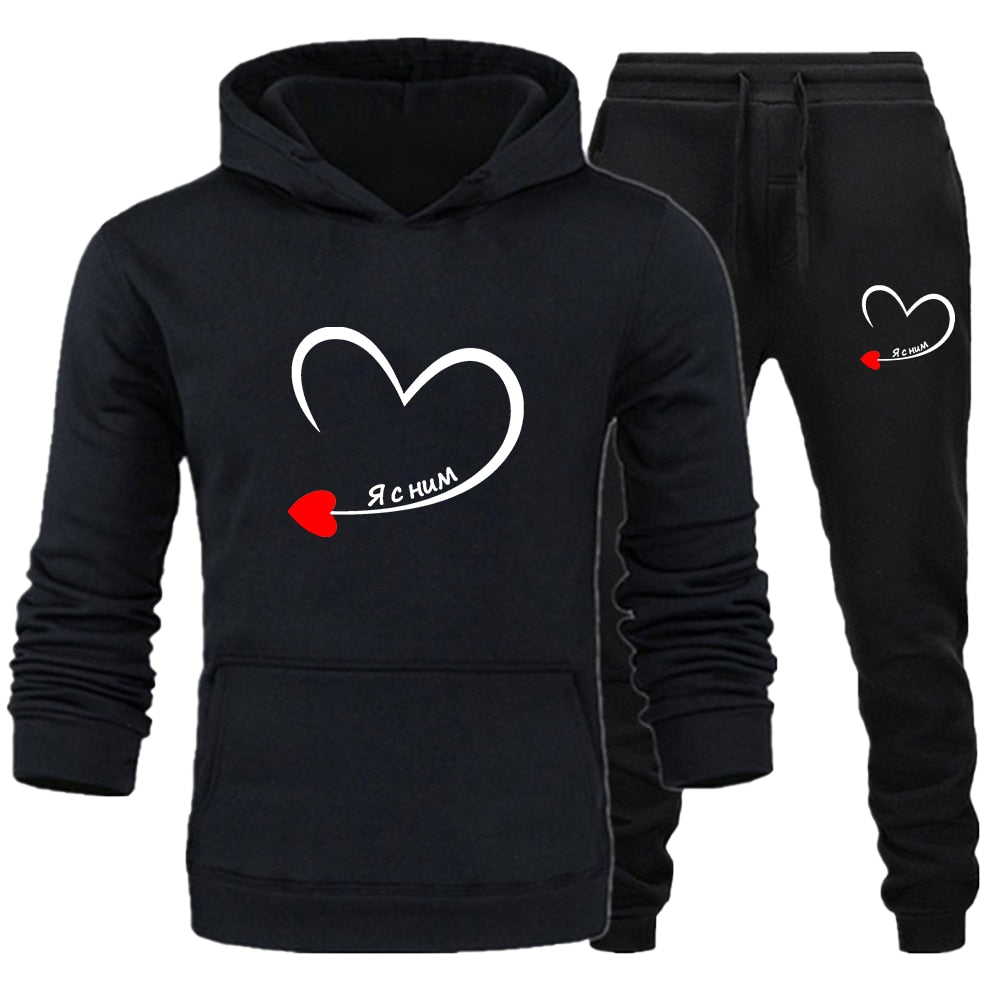 2023 Couples Tracksuit Love Heart Print Lover Hoodie and Pants 2 PCS Clothes Men Women Sweatshirts and Trousers Fleece Suits